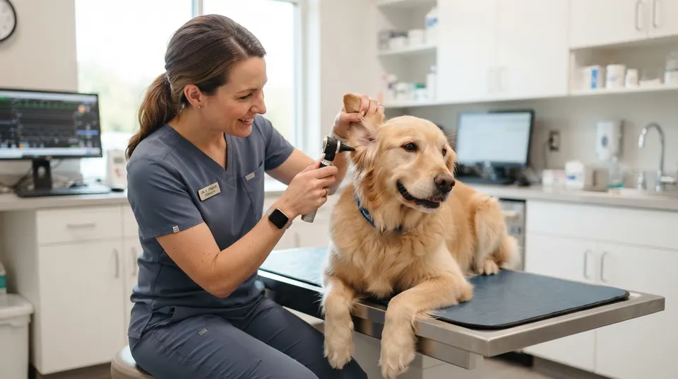 A veterinarian examining a golden retriever's ear in a clinic